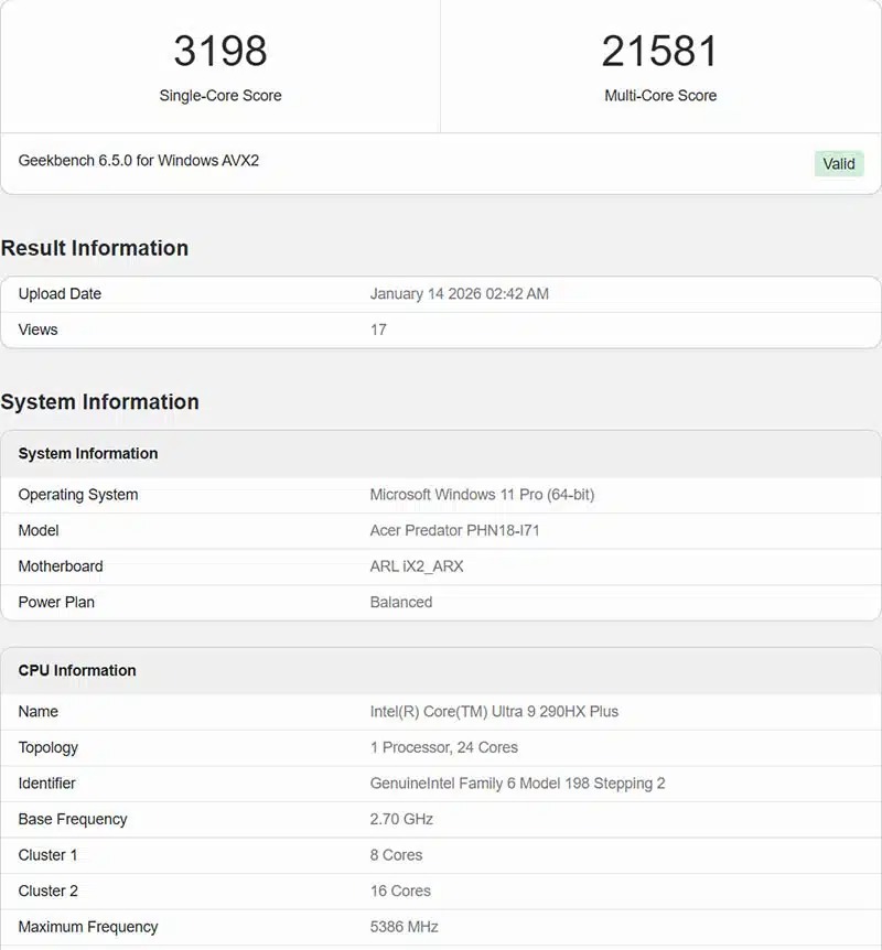 El Intel Core Ultra 9 290HX Plus aparece en Geekbench con un rendimiento al nivel de un Ryzen 9 9950X3D de escritorio