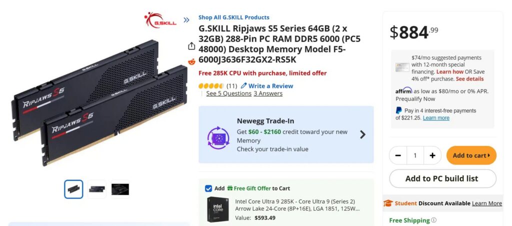 Regalaban una CPU Intel Core Ultra 9 285K si comprabas 64 GB de RAM DDR5 de G.SKILL