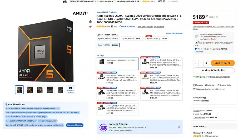 El precio del AMD Ryzen 5 9600X baja a 190 dólares para luchar con el Intel Core Ultra 5 250K Plus