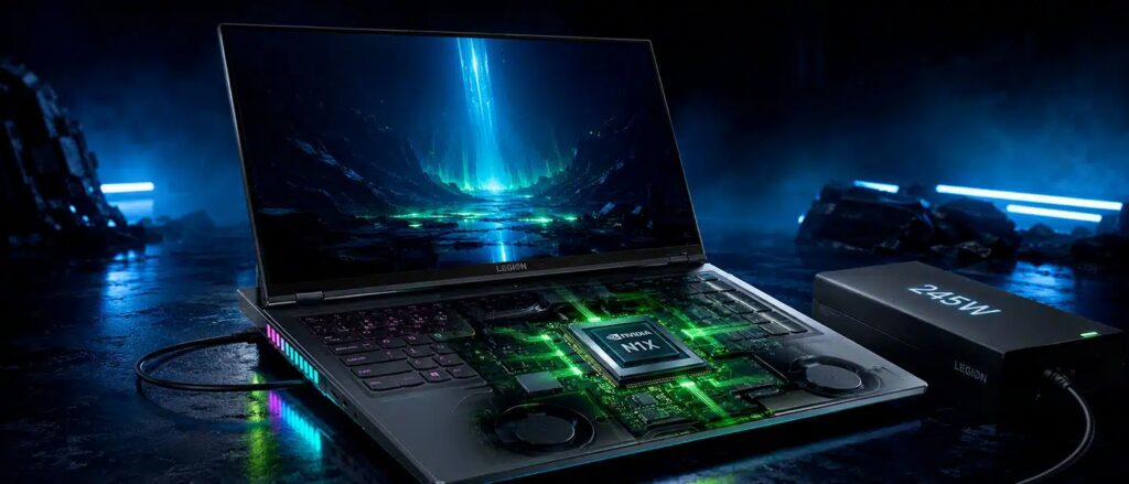 Portátil Lenovo Legion 7, con SoC NVIDIA N1X, se acompaña de un cargador de 245W (como su versión Intel + RTX 5070)