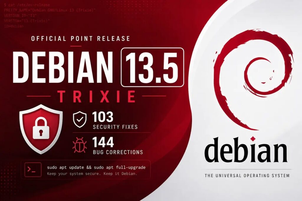 Debian 13.5 publicado: 103 correcciones de seguridad y 144 correcciones de errores.