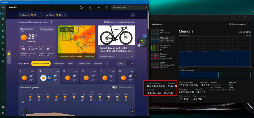 La App del Tiempo de Windows 11 llega a consumir hasta 1,6 GB de RAM