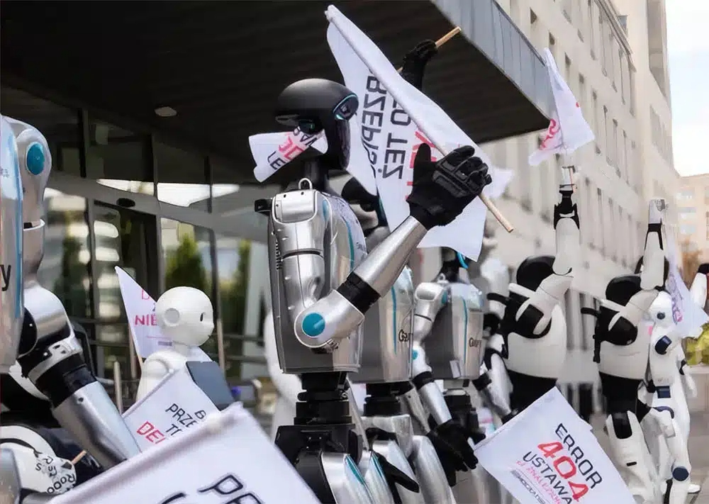 Lo nunca visto, 30 robots se unen en una protesta en Polonia para quejarse de que la automatización le quitará el trabajo a los humanos