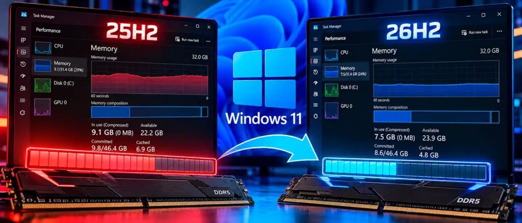 Windows 11 26H2 reduce hasta 2 GB el consumo de RAM: los equipos con 8 GB siguen rozando la desgracia